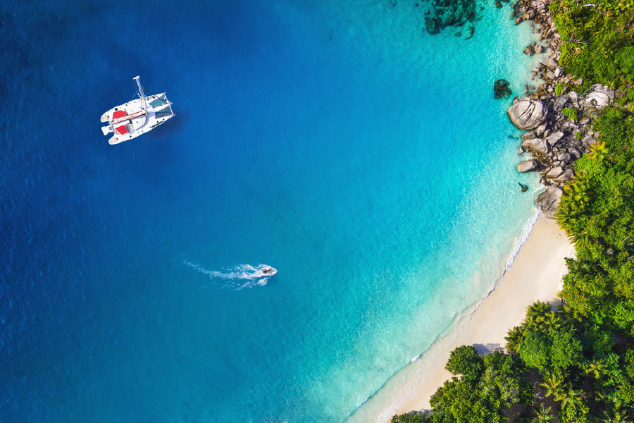 Yacht in Bay with Beach Aerial View Photograph Print 100% Australian Made