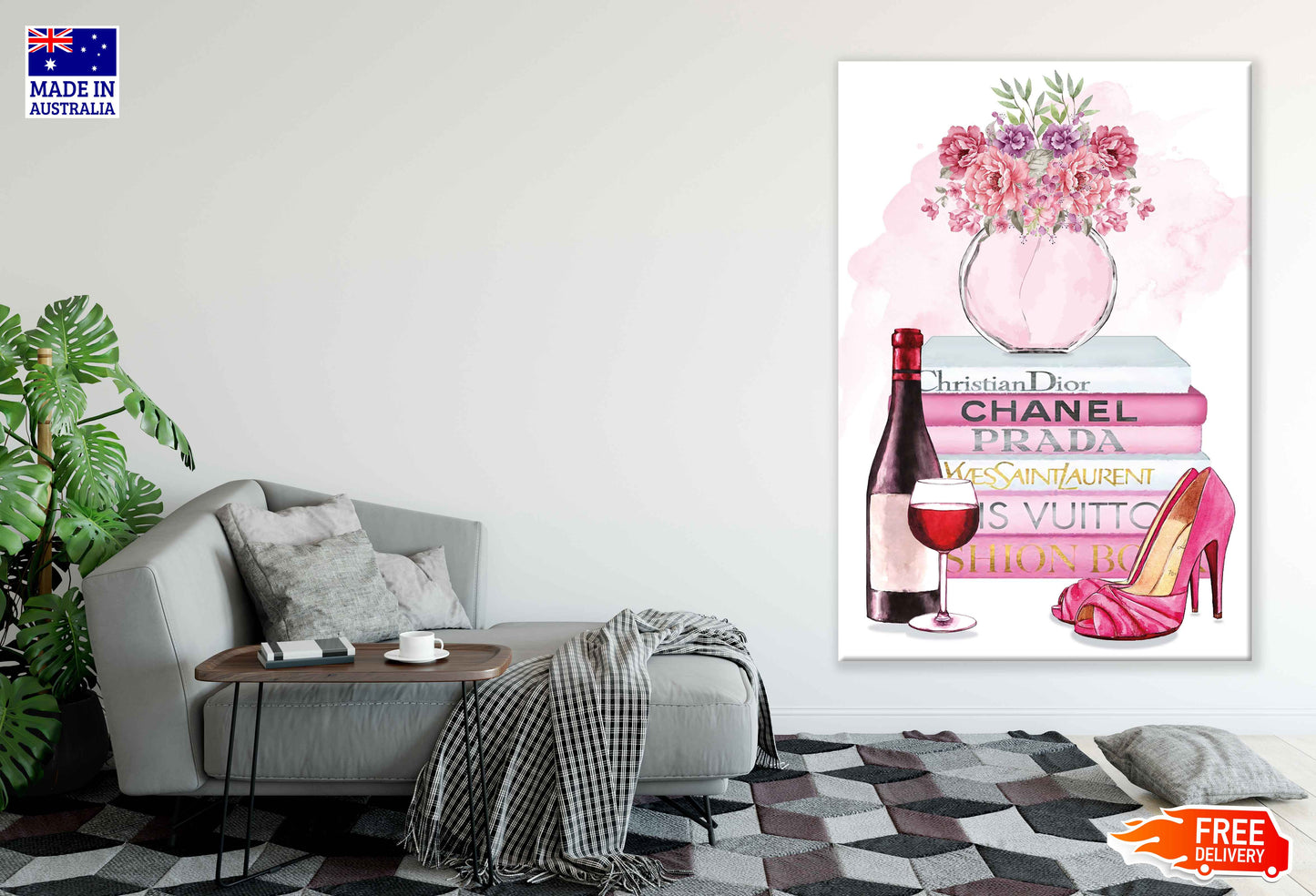 Perfume Bottle, Wine, Shoes & Fashion Books Watercolor Painting Print 100% Australian Made