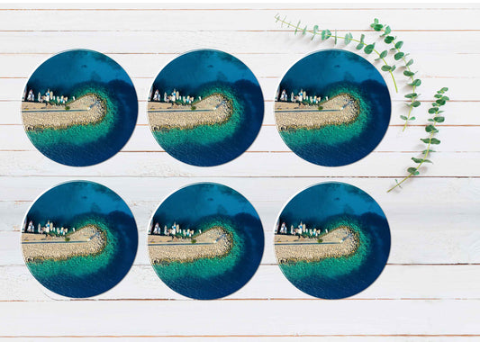 Boats on Island Calm Sea Aerial View Coasters Wood & Rubber - Set of 6 Coasters