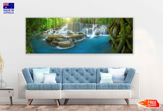 Panoramic Canvas Waterfall on Rocks View Photograph High Quality 100% Australian Made Wall Canvas Print Ready to Hang