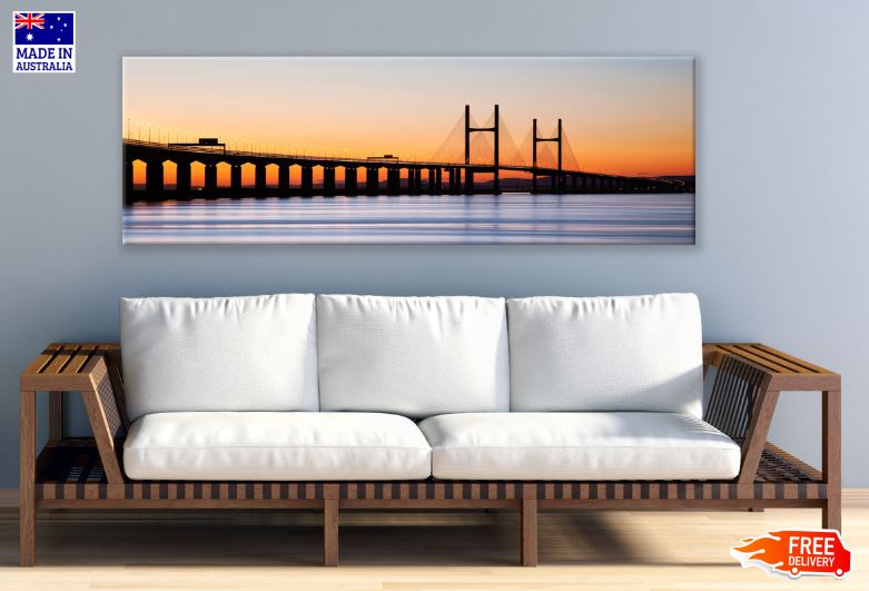 Panoramic Canvas Long Bridge & Beach View at Sunset High Quality 100% Australian made wall Canvas Print ready to hang