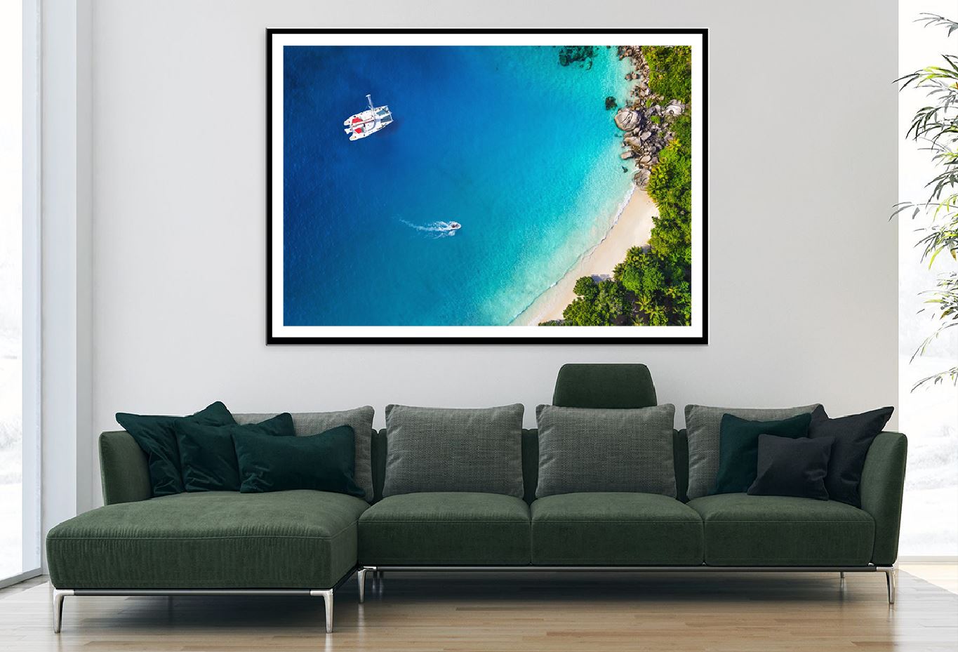 Yacht in Bay with Beach Aerial View Photograph Home Decor Premium Quality Poster Print Choose Your Sizes