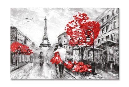 Eiffel Tower & Red Trees with Couple Watercolor Painting Wall Art Limited Edition High Quality Print Stretched Canvas None