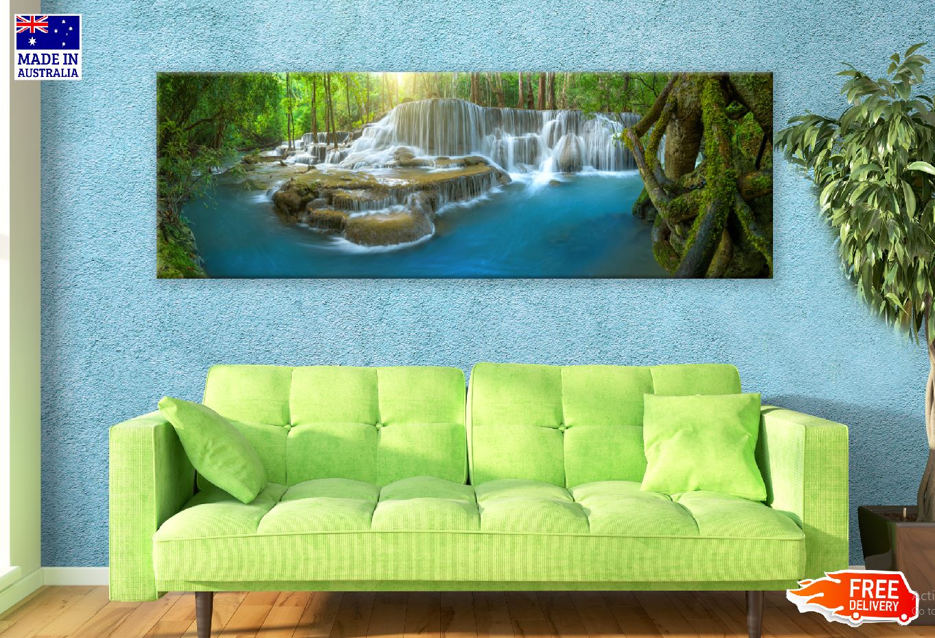 Panoramic Canvas Waterfall on Rocks View Photograph High Quality 100% Australian Made Wall Canvas Print Ready to Hang