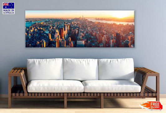 Panoramic Canvas Manhattan City Aerial Sunset Photograph High Quality 100% Australian Made Wall Canvas Print Ready to Hang