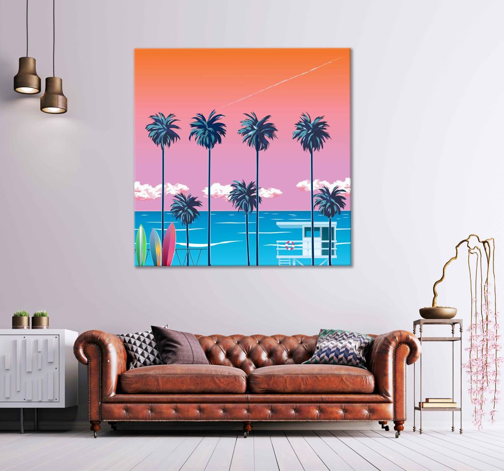 Square Canvas Sunset Sea Palm Trees Vector Art High Quality Print 100% Australian Made