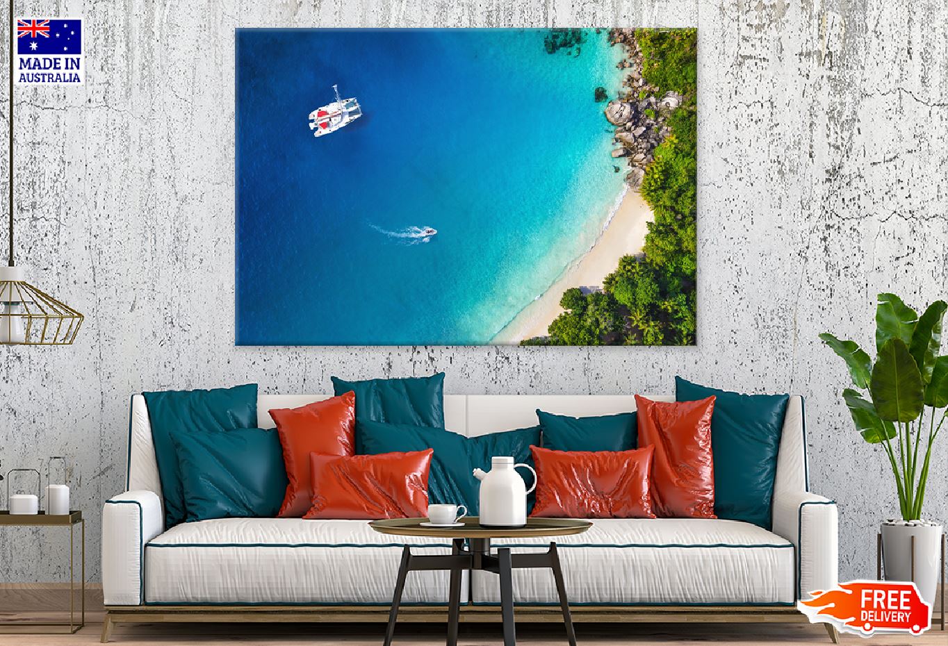 Yacht in Bay with Beach Aerial View Photograph Print 100% Australian Made