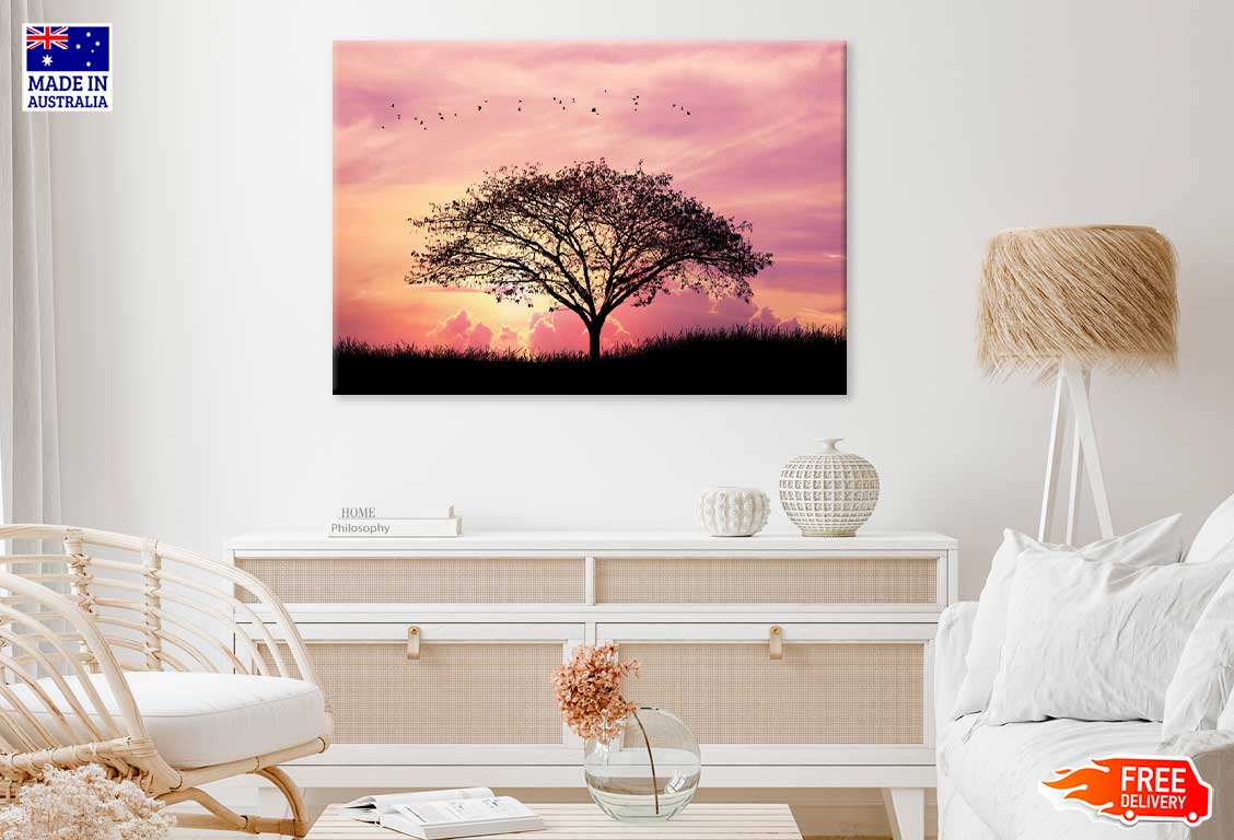 Alone Tree on Field Pink Sky Scenery Photograph Print 100% Australian Made