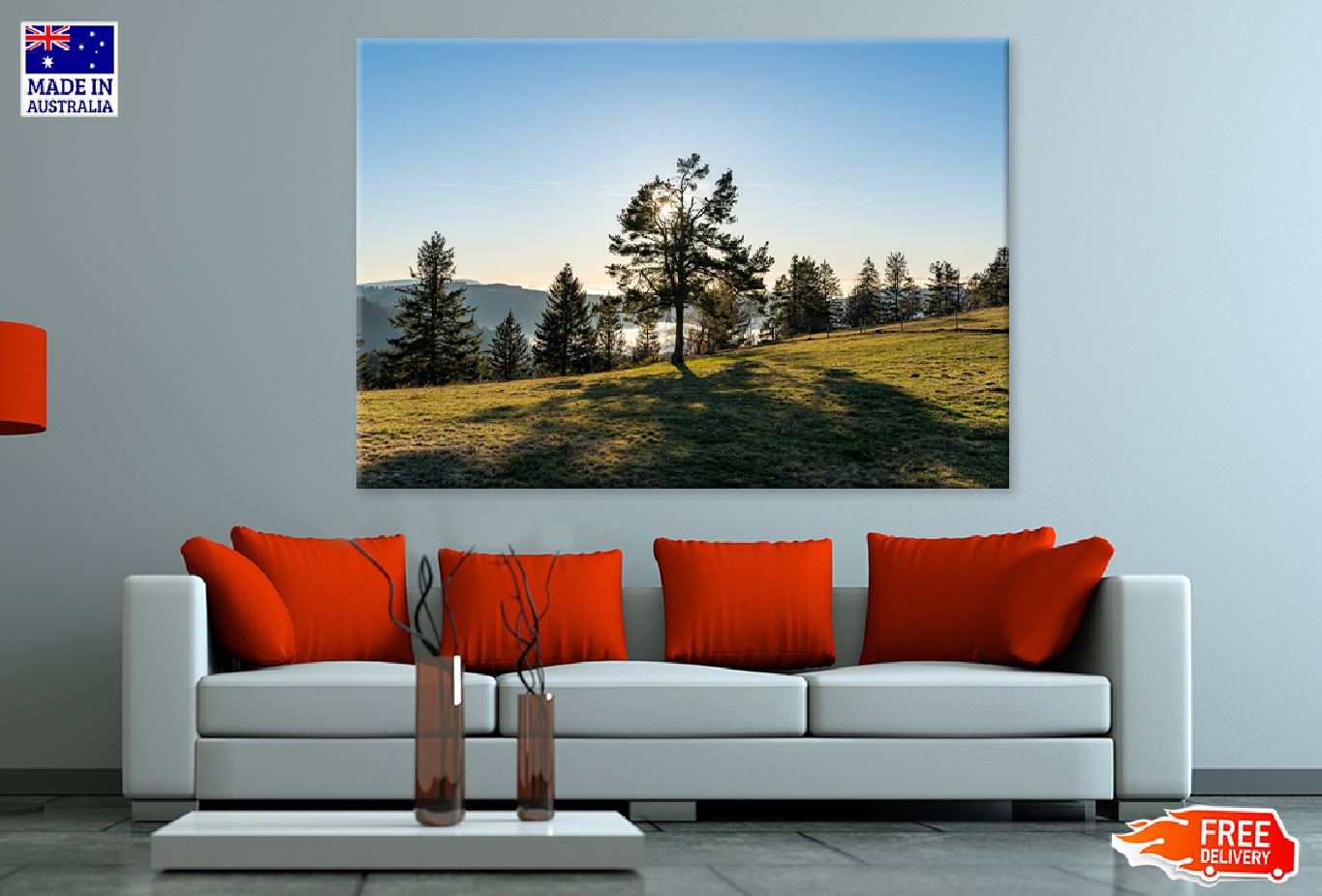 Trees on Hill Sunshine Scenery Photograph Print 100% Australian Made