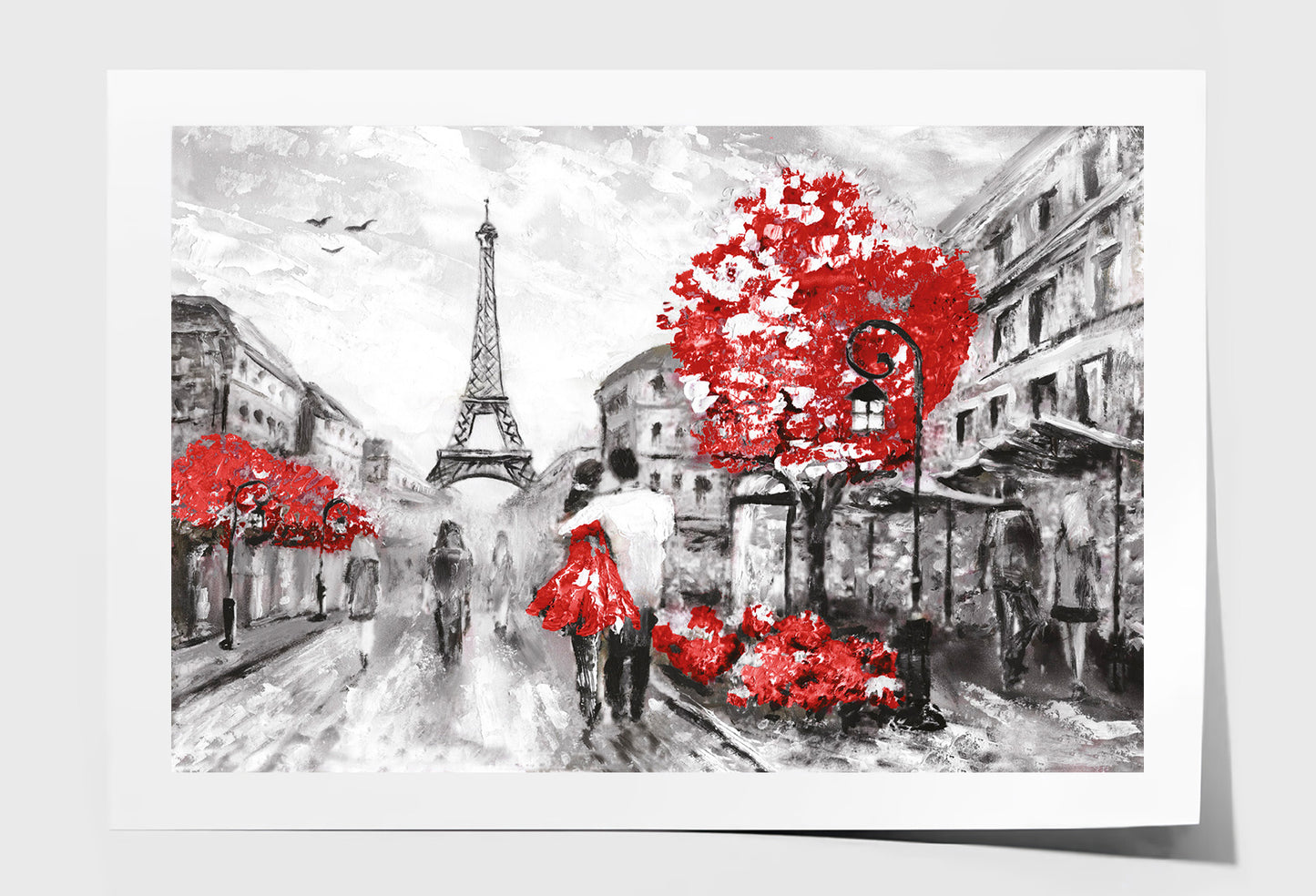 Eiffel Tower & Red Trees with Couple Watercolor Painting Wall Art Limited Edition High Quality Print Unframed Roll Canvas None