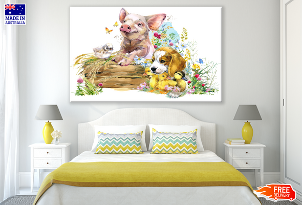 Pig, Dog, Chicks, Duck & Butterflies Animal Painting Print 100% Australian Made