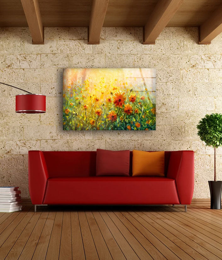 Orange Flower Field Watercolor Painting Acrylic Glass Print Tempered Glass Wall Art 100% Made in Australia Ready to Hang