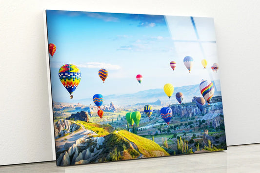 Hot Air Balloon Ove Mountain Photograph Acrylic Glass Print Tempered Glass Wall Art 100% Made in Australia Ready to Hang