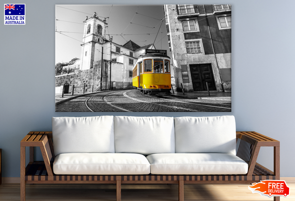 Yellow Tram In City Rail B&W Photograph Print 100% Australian Made