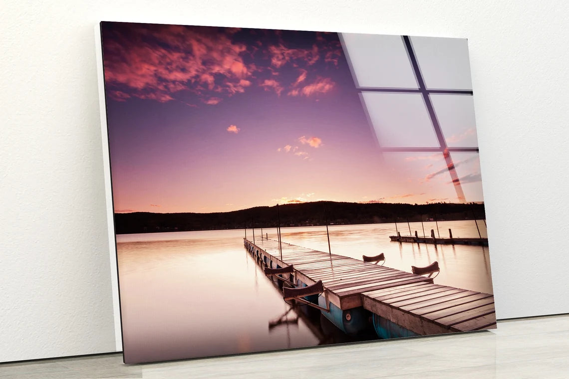 Wooden Pier Over Lake Sunset Scenery Photograph Acrylic Glass Print Tempered Glass Wall Art 100% Made in Australia Ready to Hang