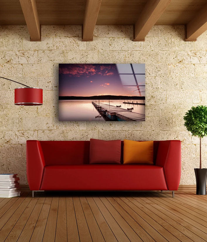 Wooden Pier Over Lake Sunset Scenery Photograph Acrylic Glass Print Tempered Glass Wall Art 100% Made in Australia Ready to Hang