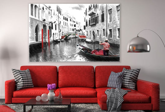 Venice Canal Boat Black White & Red Painting Print 100% Australian Made