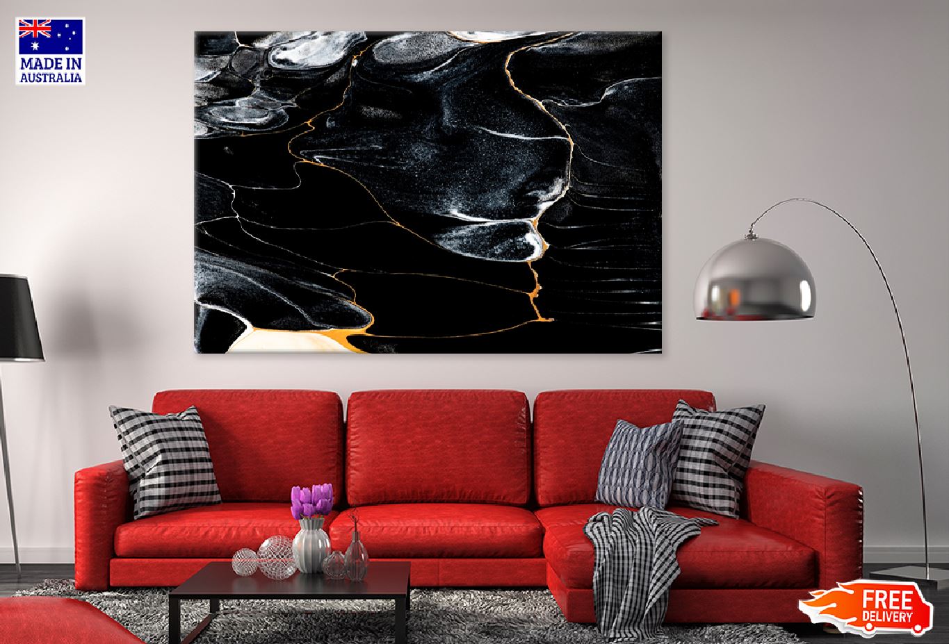 Black Marble White Lines Abstract Design Print 100% Australian Made