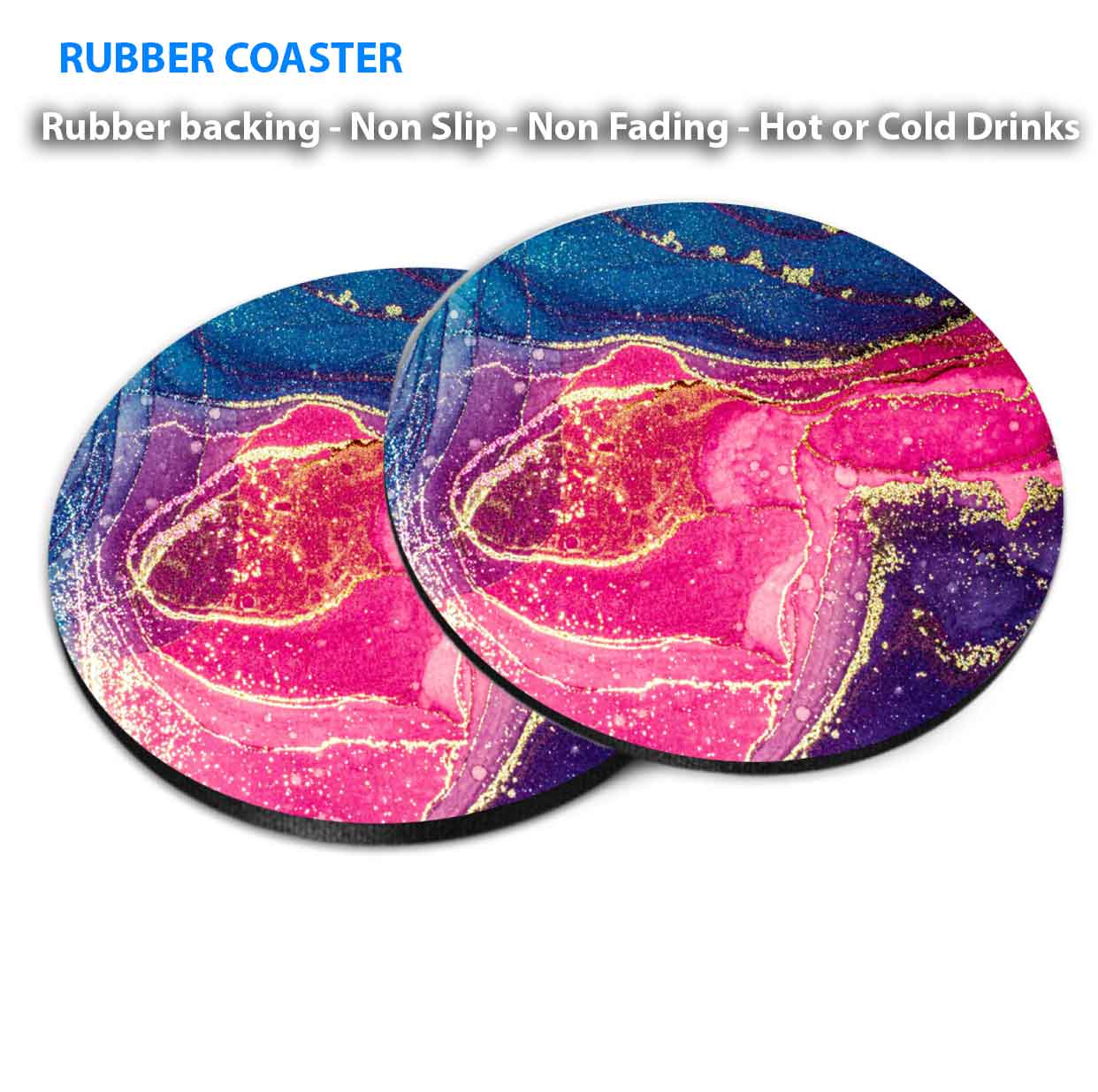 Purple Pink Blue & Gold Abstract Coasters Wood & Rubber - Set of 6 Coasters