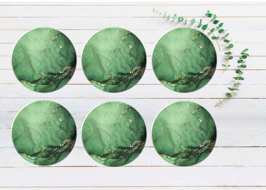 Green Gold Splash Marble Abstract Coasters Wood & Rubber - Set of 6 Coasters