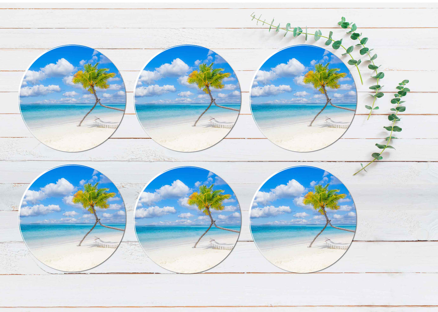 Palm Tree & Hammock near Beach View Coasters Wood & Rubber - Set of 6 Coasters