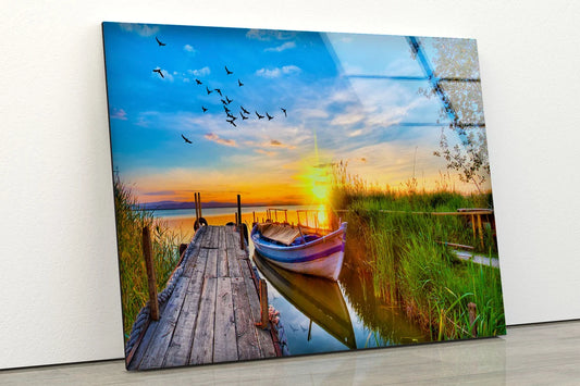 Boat Near Wooden Pier Photograph Acrylic Glass Print Tempered Glass Wall Art 100% Made in Australia Ready to Hang