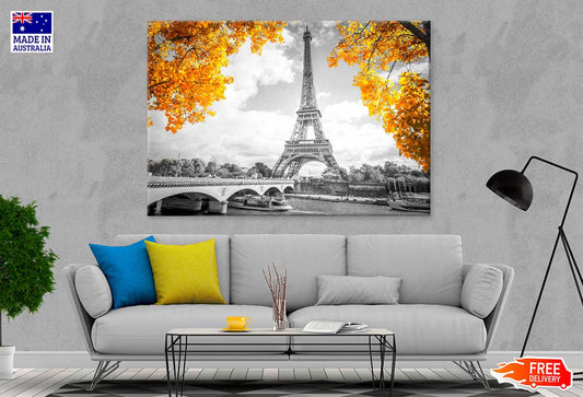 B&W Bridge near Eiffel Tower with Autumn Tree Photograph Print 100% Australian Made
