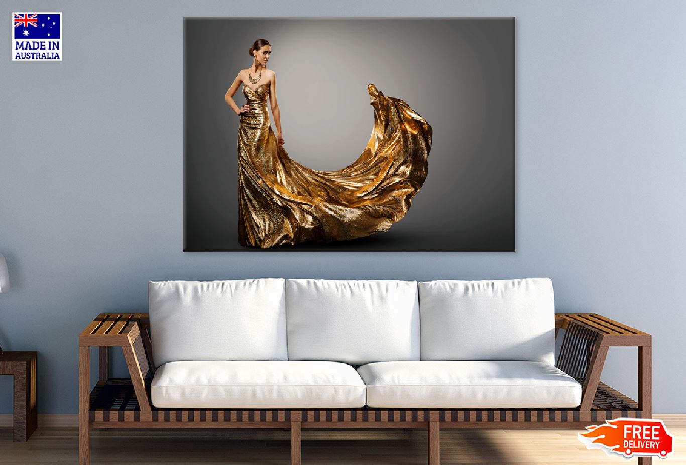 Fashion Woman in Gold Dress View Print 100% Australian Made