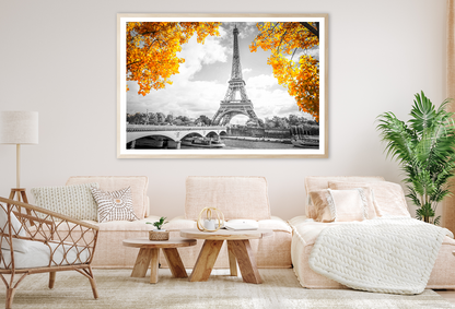 B&W Bridge near Eiffel Tower with Autumn Tree Photograph Home Decor Premium Quality Poster Print Choose Your Sizes