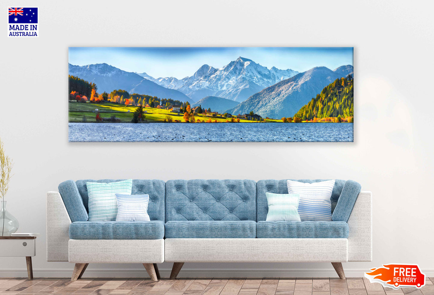 Panoramic Canvas Lake Mountain Field View Photograph High Quality 100% Australian Made Wall Canvas Print Ready to Hang