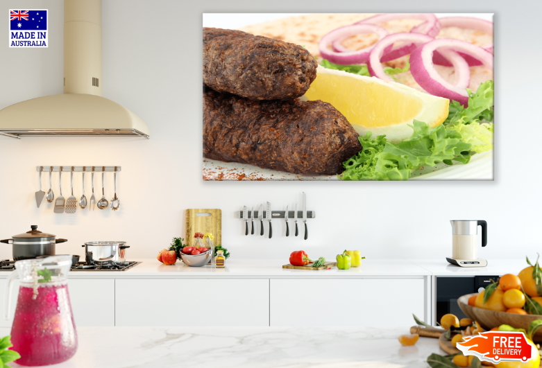 Dinner Kofte Kebabs On Skewers On White Plate With Lettuce Print 100% Australian Made