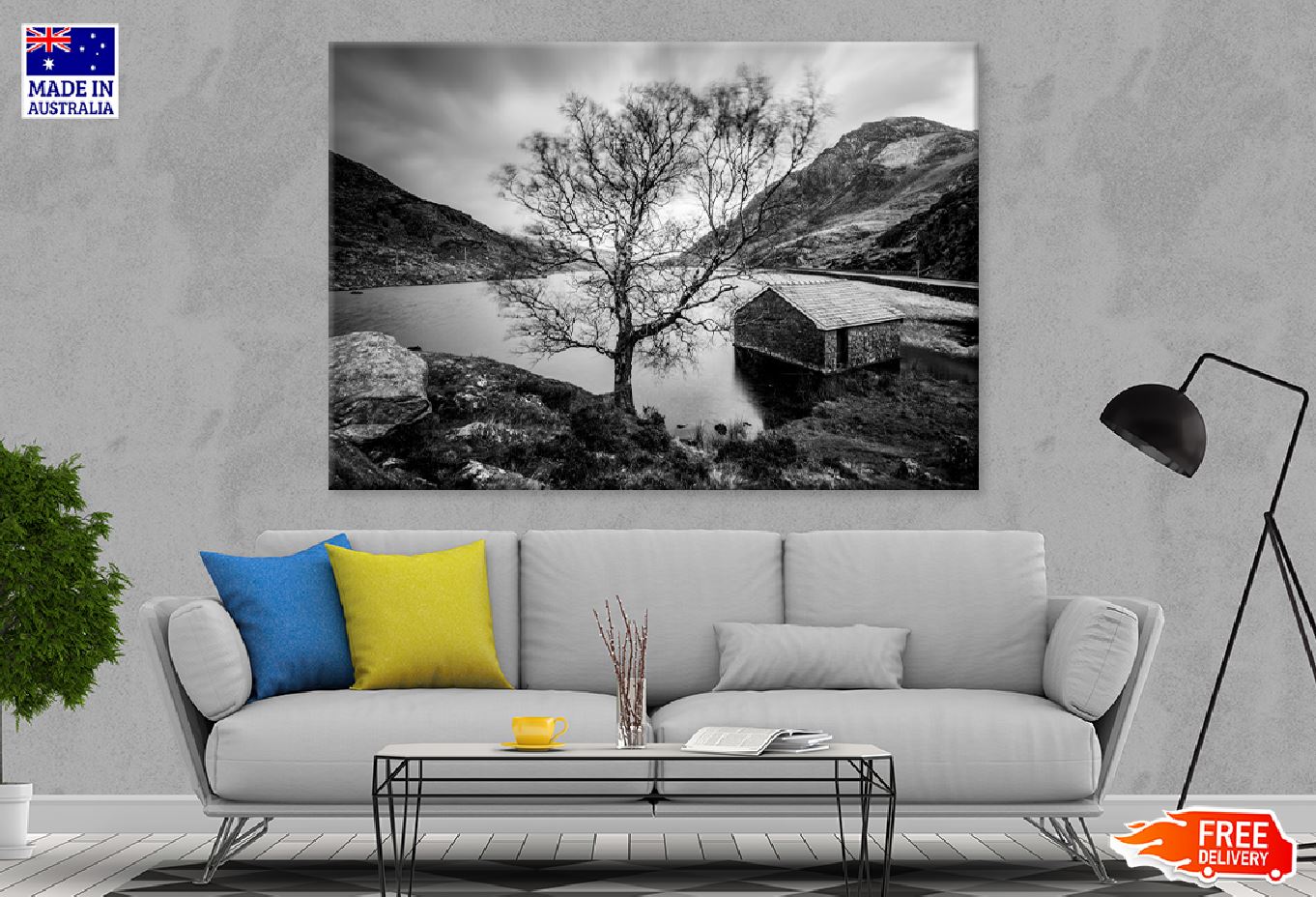 House & Tree near Lake B&W View Photograph Print 100% Australian Made