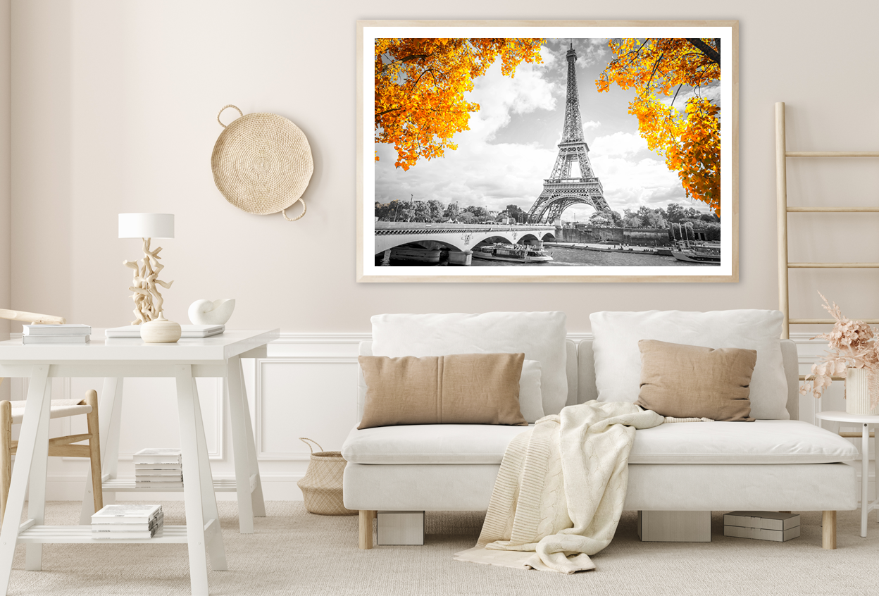 B&W Bridge near Eiffel Tower with Autumn Tree Photograph Home Decor Premium Quality Poster Print Choose Your Sizes