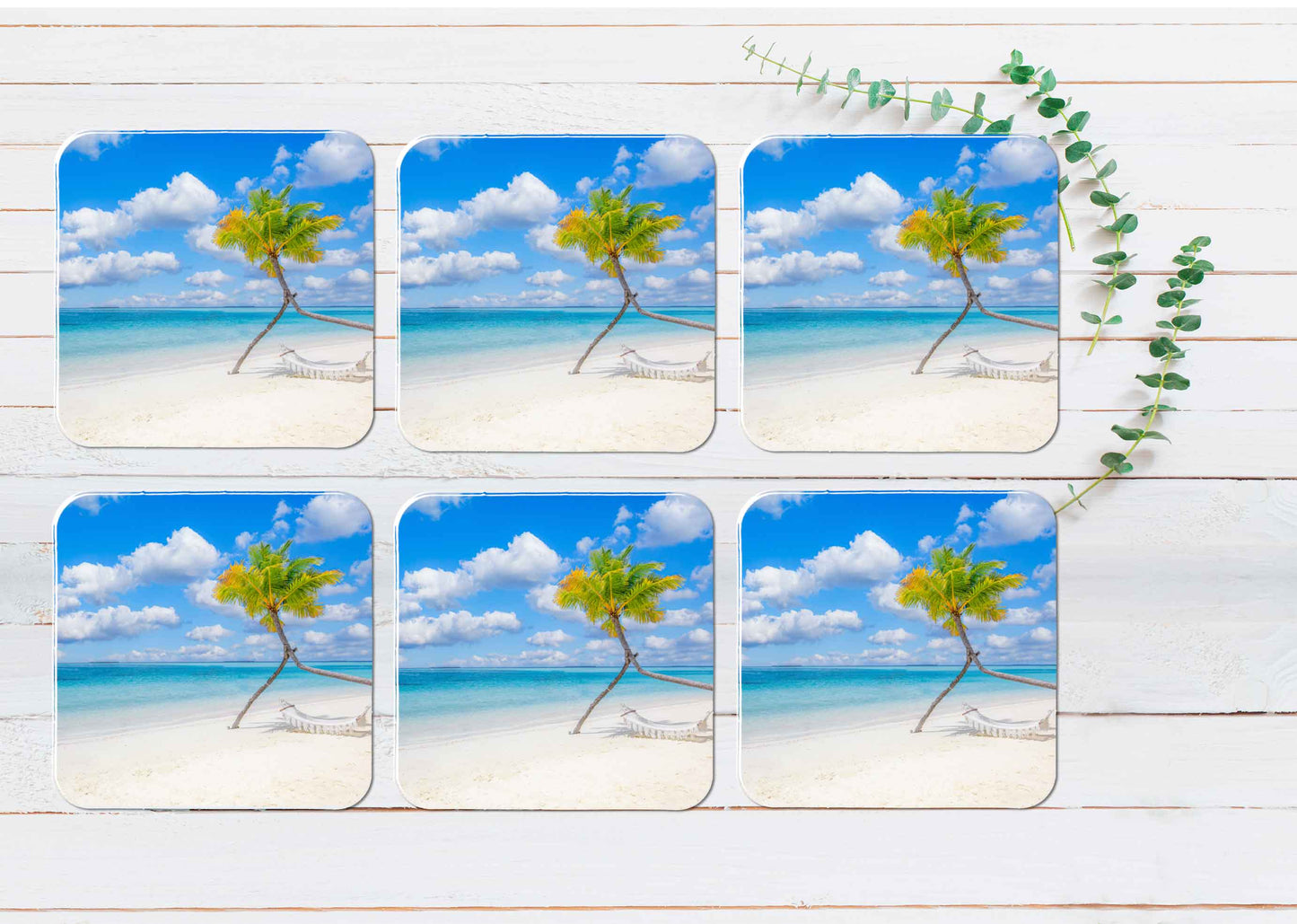 Palm Tree & Hammock near Beach View Coasters Wood & Rubber - Set of 6 Coasters