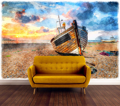 Wallpaper Murals Peel and Stick Removable Boat on Beach Watercolor Painting High Quality