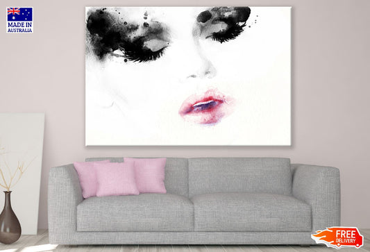 Girl Closeup Face with Red Lips B&W Watercolor Painting Print 100% Australian Made