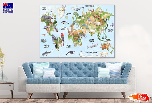 Animals on World Map Illustration Print 100% Australian Made