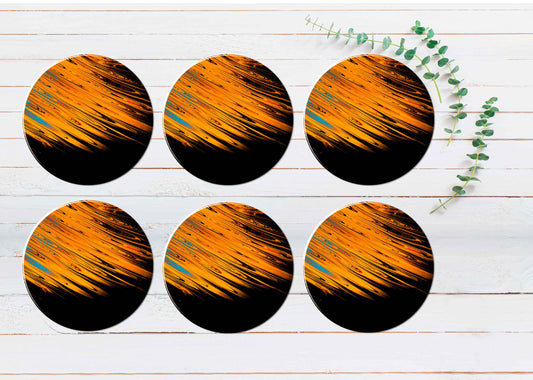 Orange, Blue & Black Abstract Coasters Wood & Rubber - Set of 6 Coasters