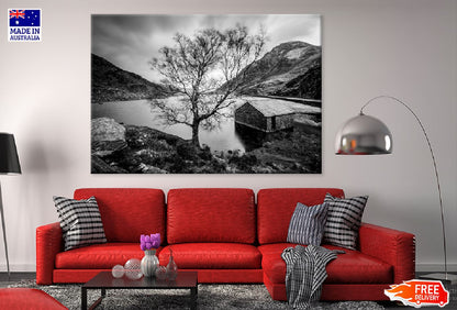 House & Tree near Lake B&W View Photograph Print 100% Australian Made