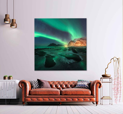 Square Canvas Aurora Borealis Beach View High Quality Print 100% Australian Made