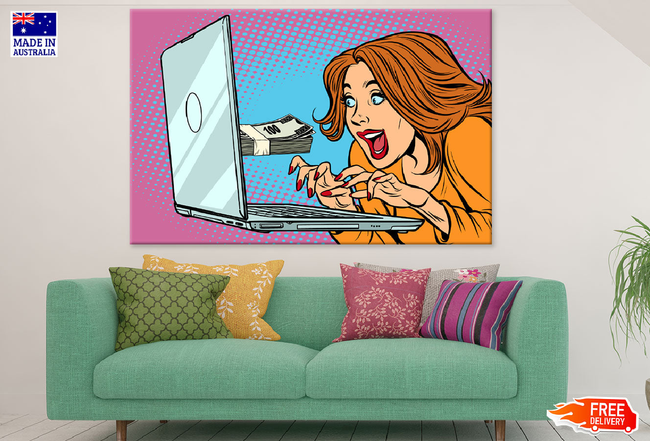 Woman With Laptop E-Earning Illustration Print 100% Australian Made