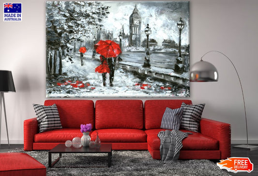 Couple Under Red Umbrella & B&W City Painting Print 100% Australian Made