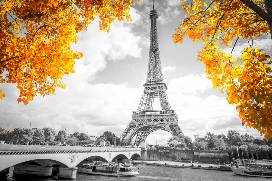 B&W Bridge near Eiffel Tower with Autumn Tree Photograph Home Decor Premium Quality Poster Print Choose Your Sizes