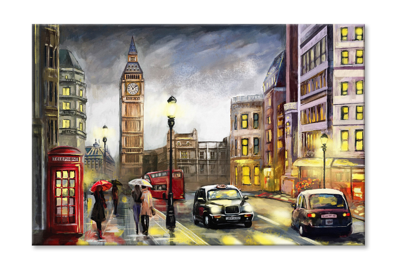 Big Ben Street View London Watercolor Painting Wall Art Limited Edition High Quality Print Stretched Canvas None