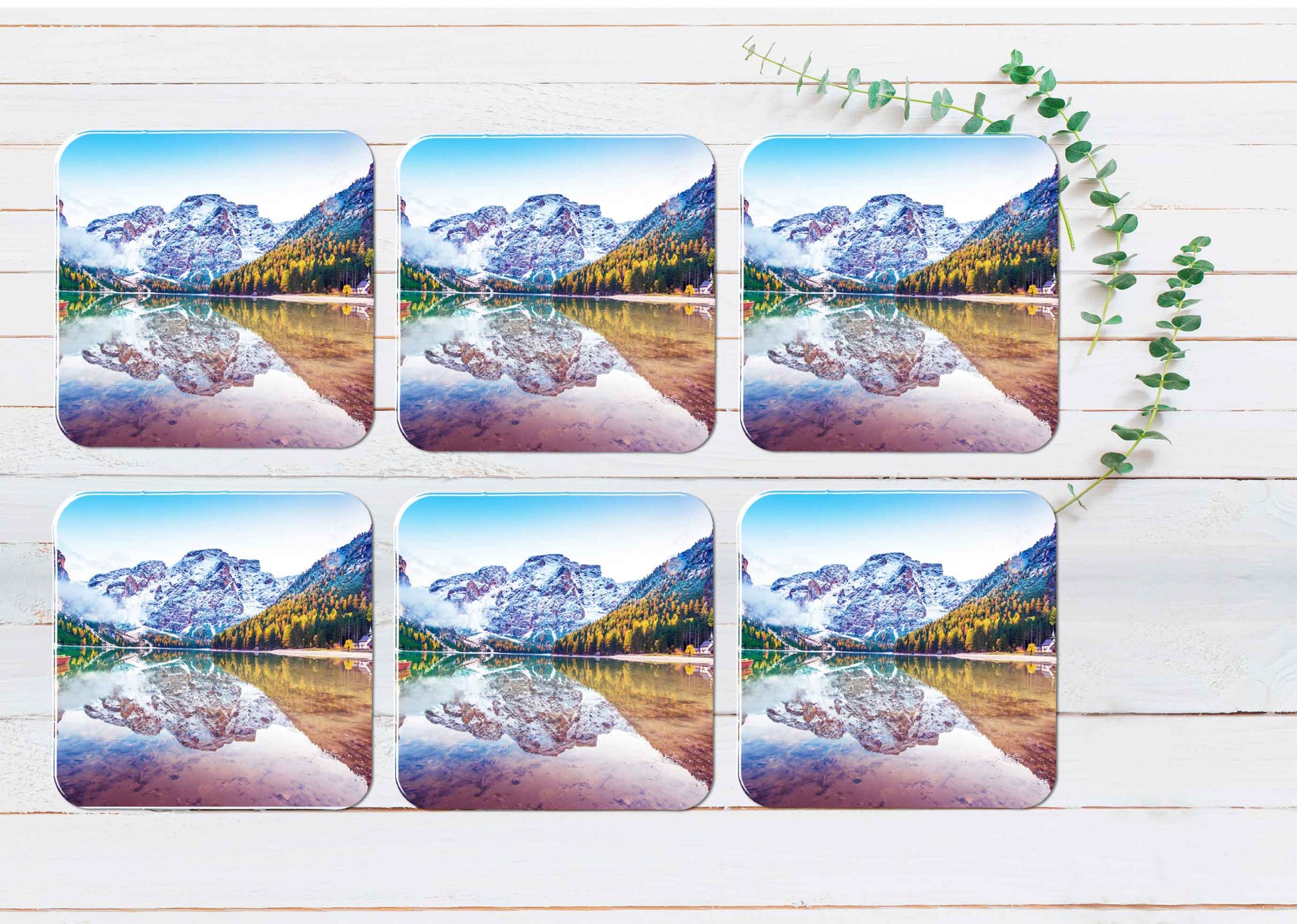 Dolomites Italy Lake Coasters Wood & Rubber - Set of 6 Coasters