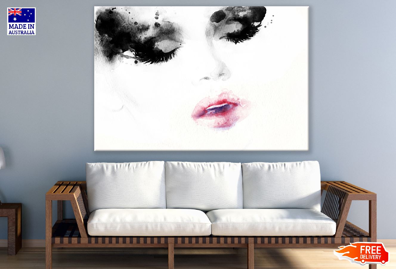 Girl Closeup Face with Red Lips B&W Watercolor Painting Print 100% Australian Made