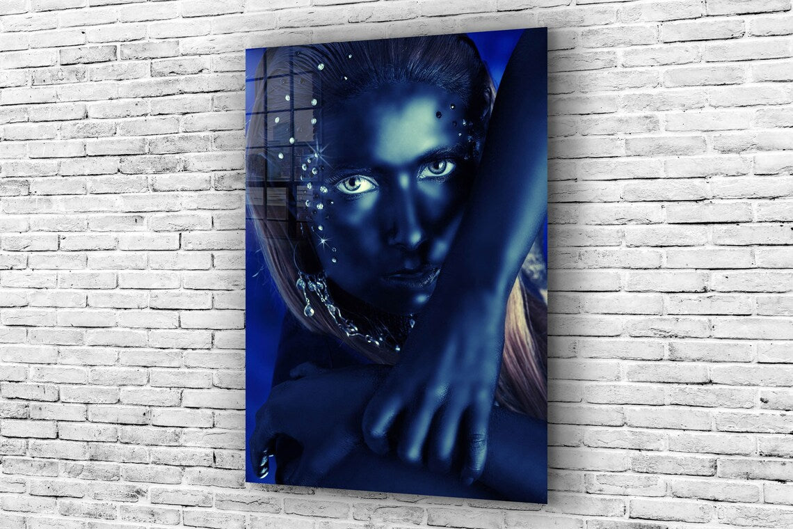 Fashion Blue Woman View Print Tempered Glass Wall Art 100% Made in Australia Ready to Hang