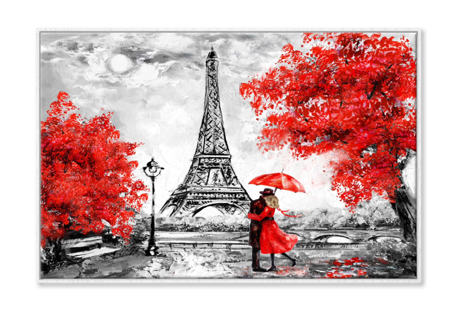 Red Couple & Trees near Eiffle Tower Watercolor Painting Wall Art Limited Edition High Quality Print Canvas Box Framed White