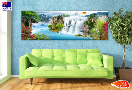 Panoramic Canvas Waterfall Nature Scenery Watercolor Painting High Quality 100% Australian made wall Canvas Print ready to hang