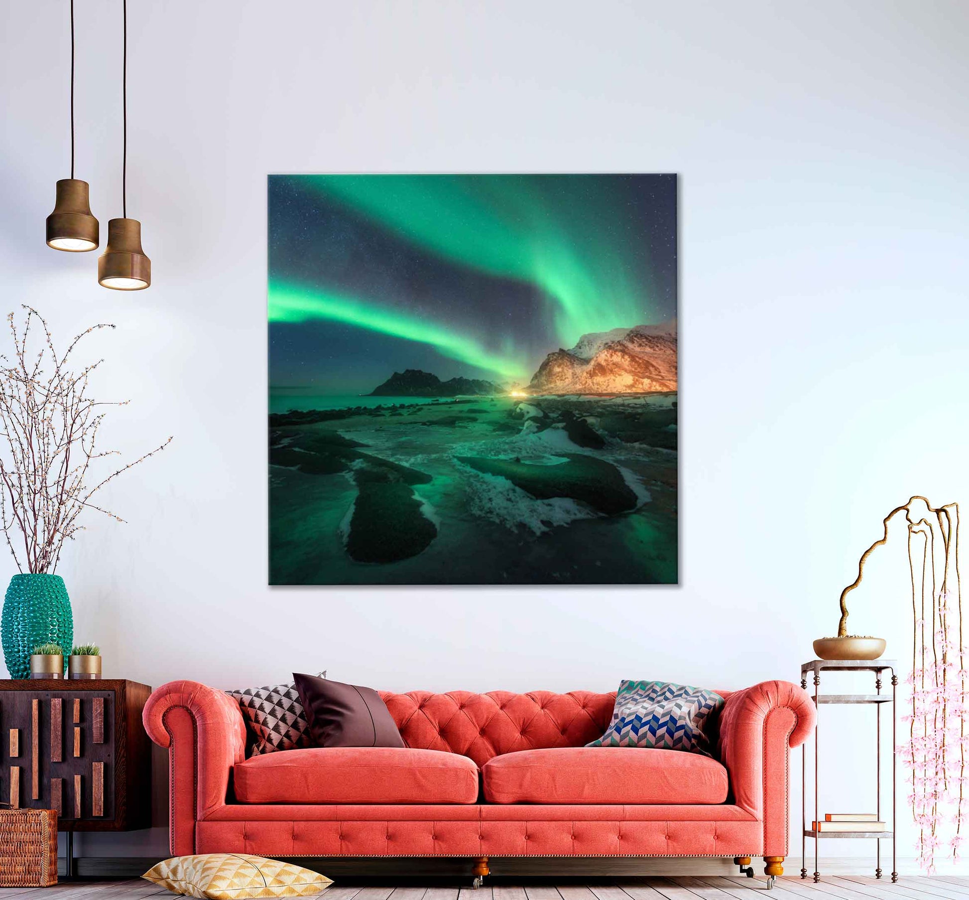 Square Canvas Aurora Borealis Beach View High Quality Print 100% Australian Made